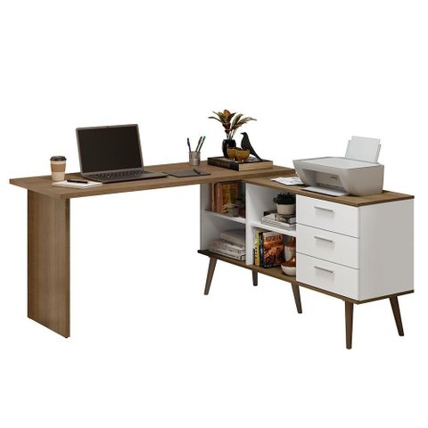Mesa de Escritório em L 3 Gavetas Branco/rustic Lisboa Madesa Branco/rustic