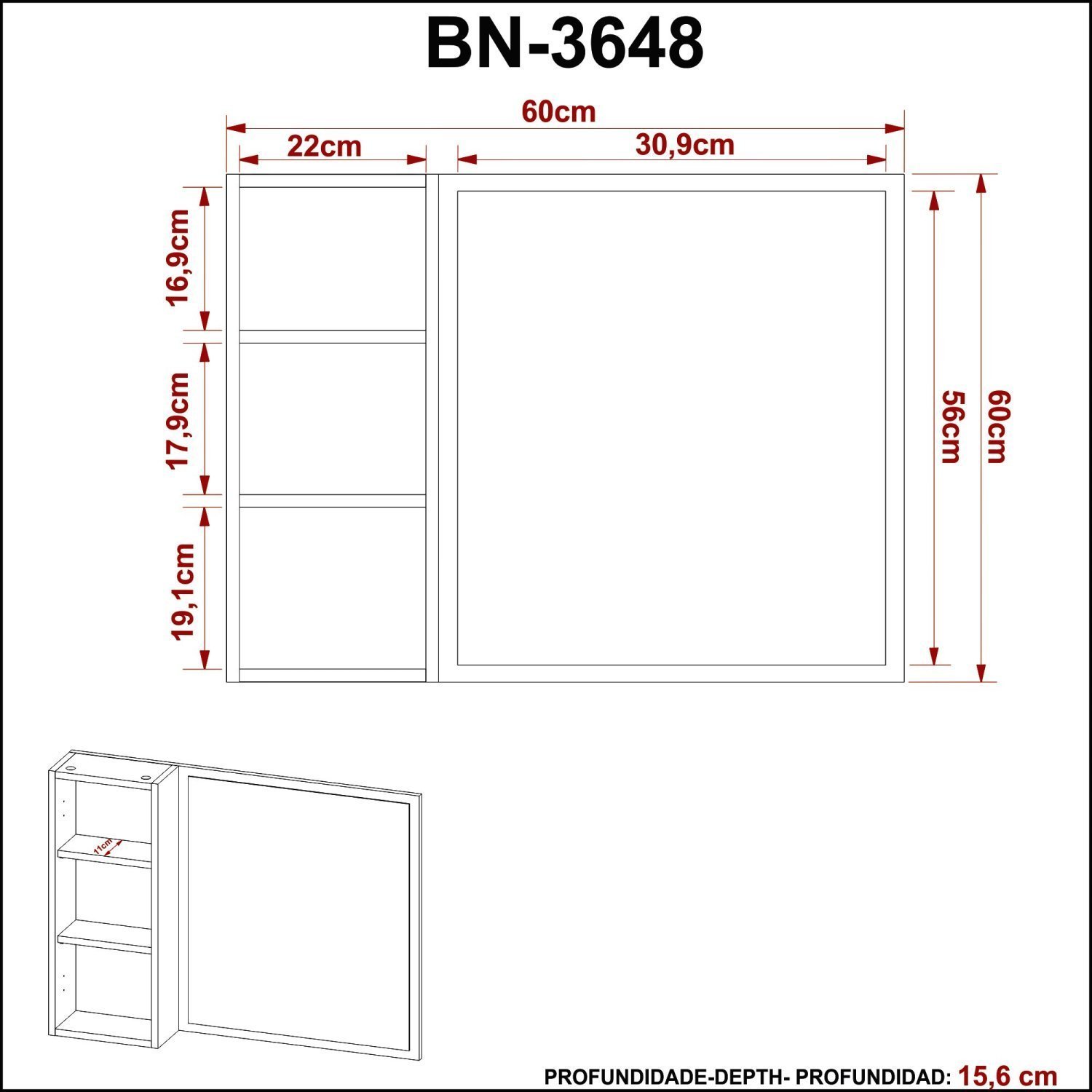 Espelheira Para Banheiro 60x60cm BN3648 - 7