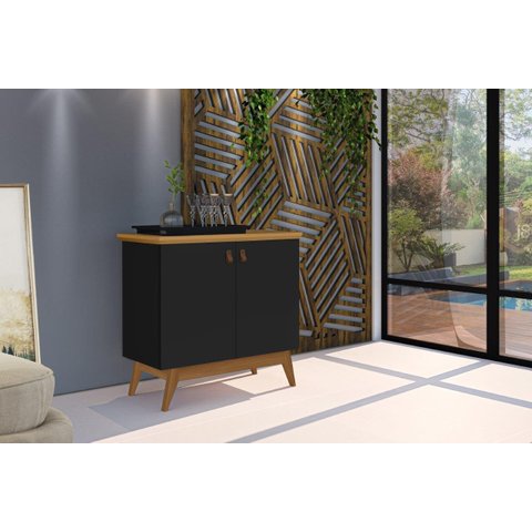 Buffet / Balcão / Bancada / Aparador Abs Estilo Retrô com Pés em Madeira e Puxadores em Couro 2 Port