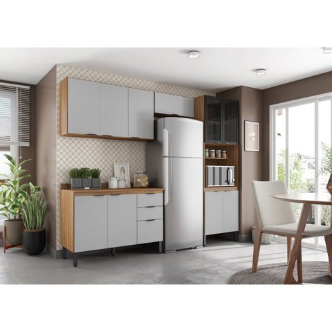 Cozinha Completa Modulada Firenze 04 Peças 11 Portas e 02 Gavetas Cinza/Amendola/Nude Prime Tx