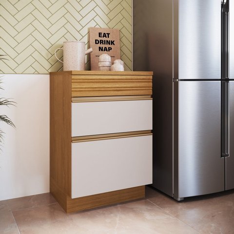 Balcão de Cozinha 1 Porta 2 Gavetas Ripadas Fecho Click 60cm com Rodapé e Tampo 100% BP Organic Marr