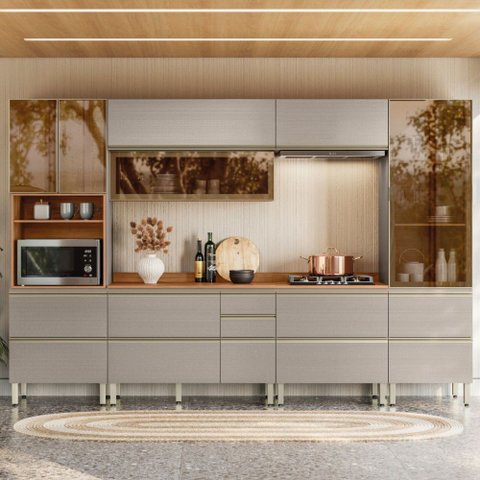 Cozinha Completa Proença 8 Portas 9 Gavetas 100% Mdf com Vidro Dp3302rf Nogueira/nude - Demóbile