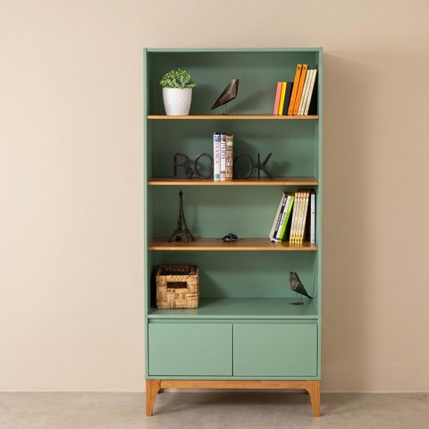 Estante Retrô 2 Portas 4 Prateleiras MDF Verde Pés em Madeira Maciça 170x80cm Bento Yescasa