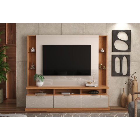 Estante com Rodinhas para Sala Tv até 70 Polegadas Bilbao Lukaliam:jequitiba/off White Perolizado