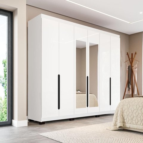 Roupeiro Casal Madri 6 Portas com Espelho 242x214cm Branco 250829