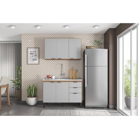 Cozinha Compacta Modulada Firenze 02 Peças 06 Portas 02 Gavetas Cinza/Amendola/Nude Prime Tx