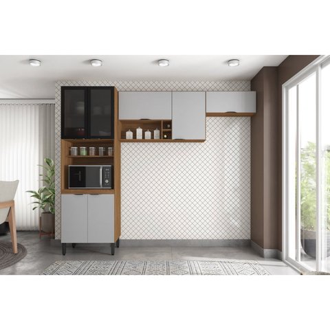 Cozinha Compacta Modulada Firenze 03 Peças 7 Portas Cinza/Amendola/Nude Prime Tx