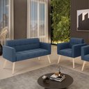 Ver imagem 2 de Kit 1 Sofá Namoradeira e 1 Poltrona Elisa Suede Azul Marinho Pés Palito Natural - D’Rossi