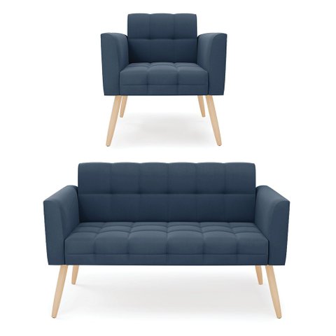 Kit 1 Sofá Namoradeira e 1 Poltrona Elisa Suede Azul Marinho Pés Palito Natural - D’Rossi