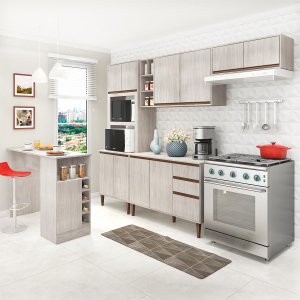 Cozinha Modulada Completa New 270Cm Balcão Tampo Bancada Ilha Nicho Forno/Micro MDP Legno - ClickLar