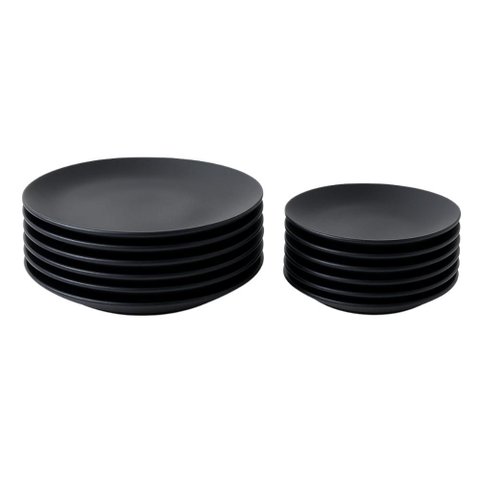 Jogo 12 Pratos Cerâmica Sobremesa e Raso Orgânicos Preto Mat