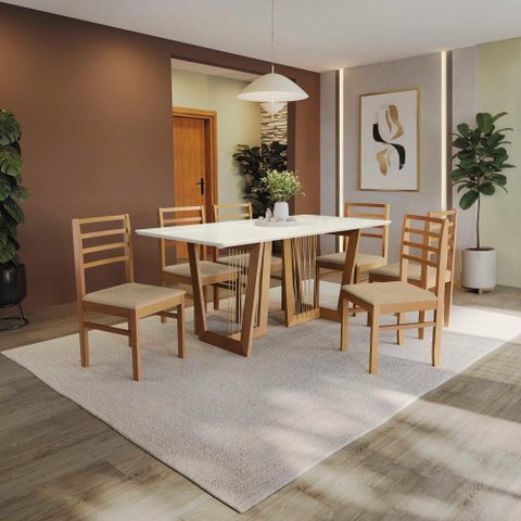 Conjunto Sala de Jantar Elisa em Madeira Maciça 6 Cadeiras Boucle Bege