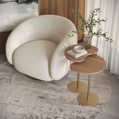 Kit 2 Mesas Laterais Sofá Sala Apoio Metal Dourado Moderna Gaia MDF Carvalho Hanover