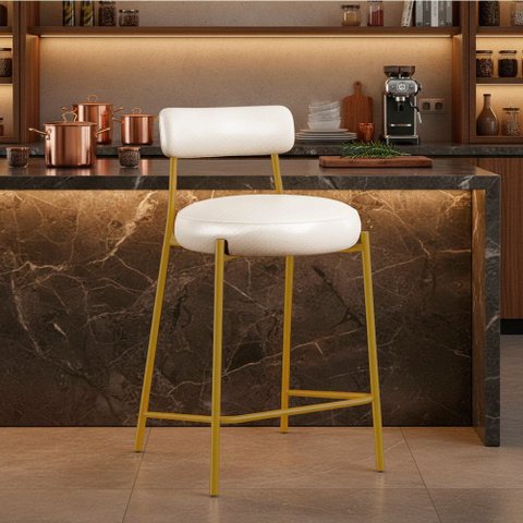 Banqueta Cozinha Alta com Encosto Industrial Dourado Londres PU Facto D03 - D'Rossi