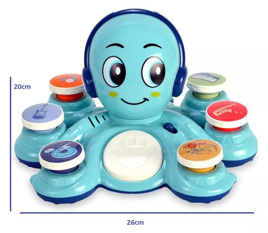 Brinquedo Educativo Polvo Musical com 6 Botões Luz + 20 Sons Cor Azul - 3