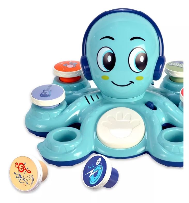 Brinquedo Educativo Polvo Musical com 6 Botões Luz + 20 Sons Cor Azul - 5