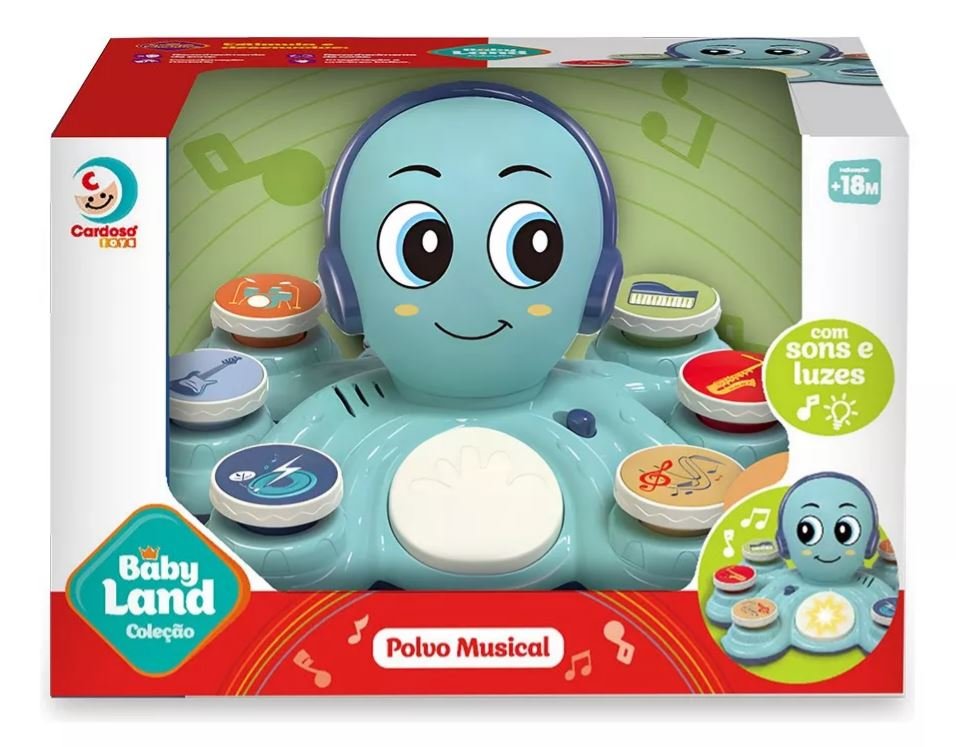 Brinquedo Educativo Polvo Musical com 6 Botões Luz + 20 Sons Cor Azul - 4