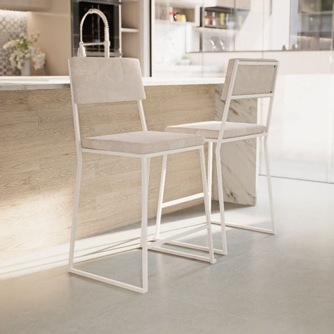Kit 3 Banquetas Média Balcão Estofada com Encosto Branco Suede Dubai
