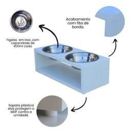 Comedouro Elevado Duplo Pet Gato Cachorro Mdf Luke - Inox - Branco - 4