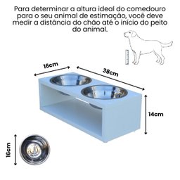 Comedouro Elevado Duplo Pet Gato Cachorro Mdf Luke - Inox - Branco - 2