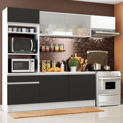 Armário de Cozinha Completa 240cm Branco/Preto/Branco Topazio Madesa 01