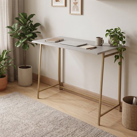 Escrivaninha Mesa Escritório Dobrável X P1044 80cm Industrial Arena e Dourado Cinza