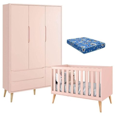 Berço Americano com Colchão e Guarda Roupa Theo 3 Portas Rosa Pés Madeira Natural – Reller