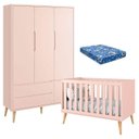 Ver imagem 1 de Berço Americano com Colchão e Guarda Roupa Theo 3 Portas Rosa Pés Madeira Natural – Reller