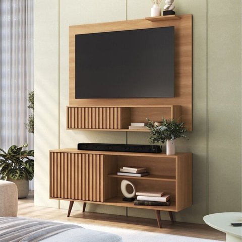 Rack com Painel Ripado para TV até 55 Polegadas 136cmx108cm San Diego Tucson Marrom Freijó