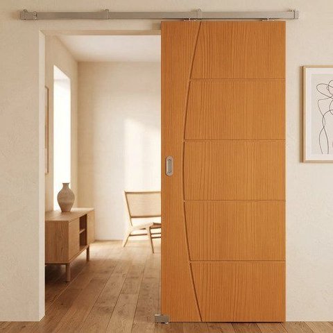 Porta Ipê Champanhe Friso 9 100x210cm + Kit Correr Alumínio