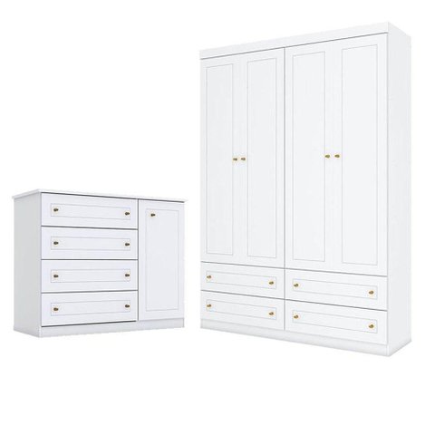 Cômoda e Guarda Roupa Infantil Mississipi 4 Portas Branco Hp - Henn