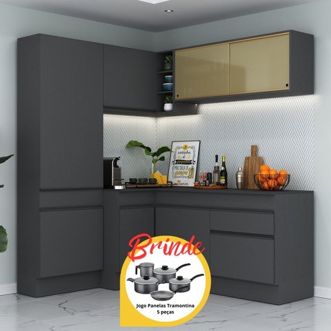 Armário Cozinha Completa Canto Veneza Mp2089 Multimóveis Preto + Brinde Jogo de Panelas Tramontina