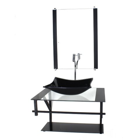GABINETE DE VIDRO PARA BANHEIRO 60CM AP CUBA RETANGULAR PRETO COM TORNEIRA CROMADA