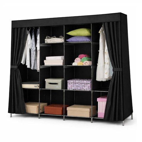 Organizador Guarda Roupa Gigante Portatil 12 Prateleiras Cabideiro Desmontavel Quarto Praia Preto