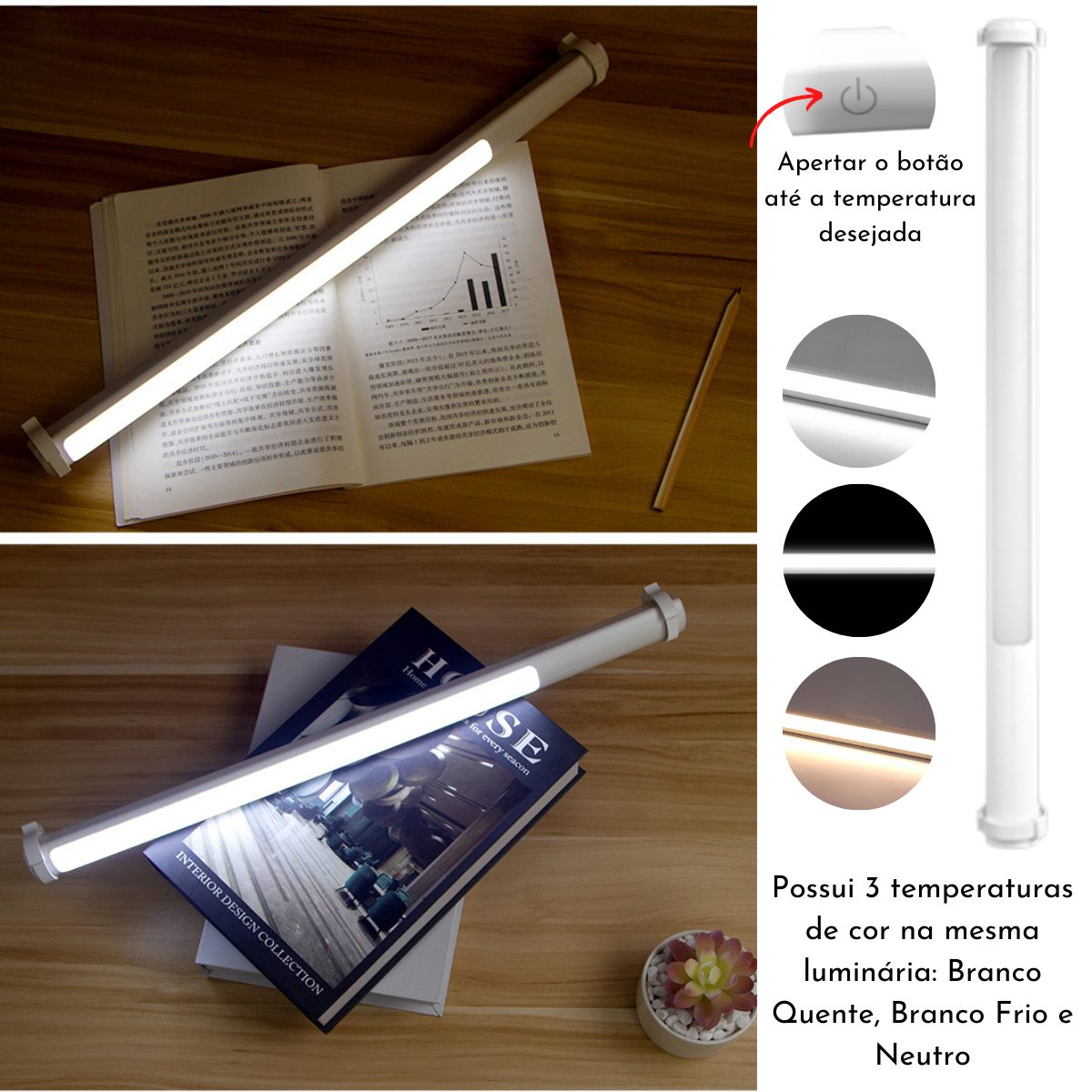 3 Lâmpadas Barra Tubular 4,5W Led Rotativa USB 49,5 Cm Suporte Magnético Com 3 temperaturas De Cor E - 5