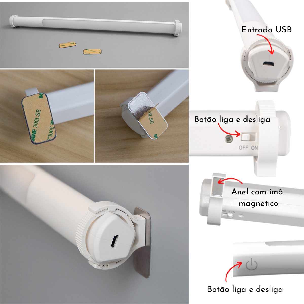 3 Lâmpadas Barra Tubular 4,5W Led Rotativa USB 49,5 Cm Suporte Magnético Com 3 temperaturas De Cor E - 3