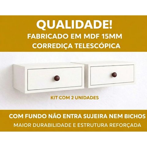 Kit 2 Mesas de Cabeceira Suspensas 30cm com Gaveta MDF 15mm Branco Mesa de Cabeceira Montadas Telesc