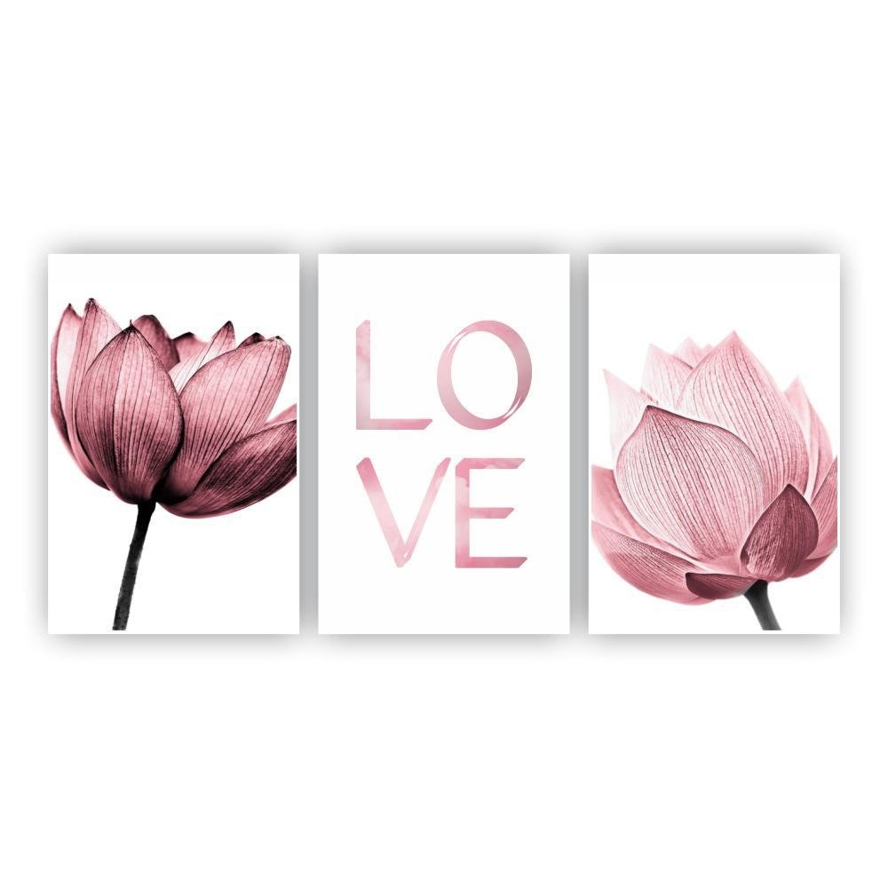 Kit Placas Quadros 3 Pçs 60x40 Floral Flor Love Rosa