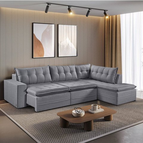 Sofá Retrátil 7 Lugares 356cm com Chaise a Direita de 91cm Presidente Cinza