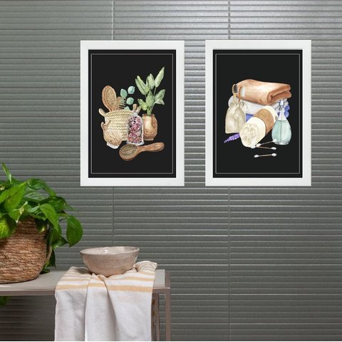 Kit 2 Quadros com Imagem para Banheiro 24x18cm:madeira Preta