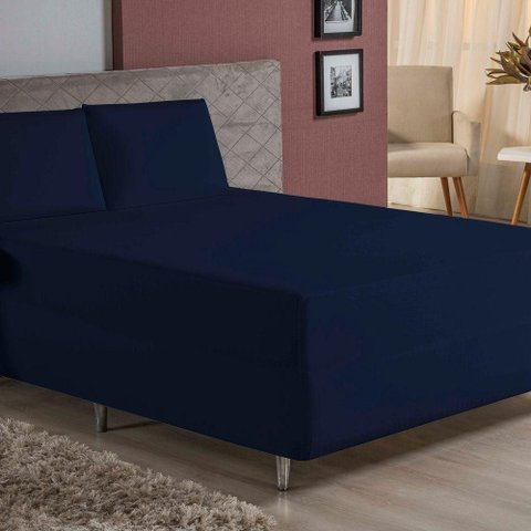 Jogo de Cama King Nobre 3 Peças Luva de Box 55cm de Altura Malha 100% Algodão - Azul-marinho