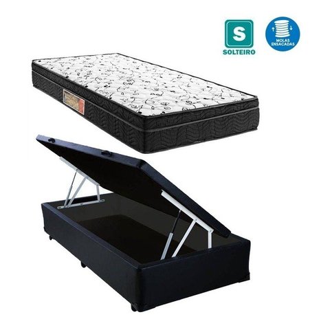 Cama Box Baú Solteiro Conforto Sintético Preto + Colchão Solteiro Conforto Espuma D33 Com EPS 30x88x