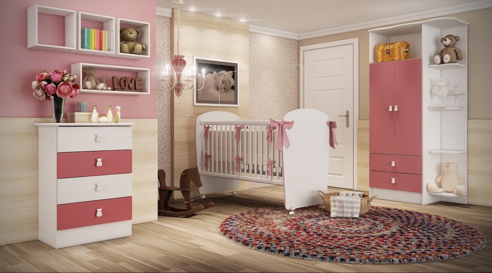 Jogo De Quarto Infantil Completo Menina Berço Cômoda Armário