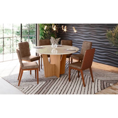 Conjunto Mesa de Jantar Vértice Redonda com Vidro e 6 Cadeiras Pietra Henn