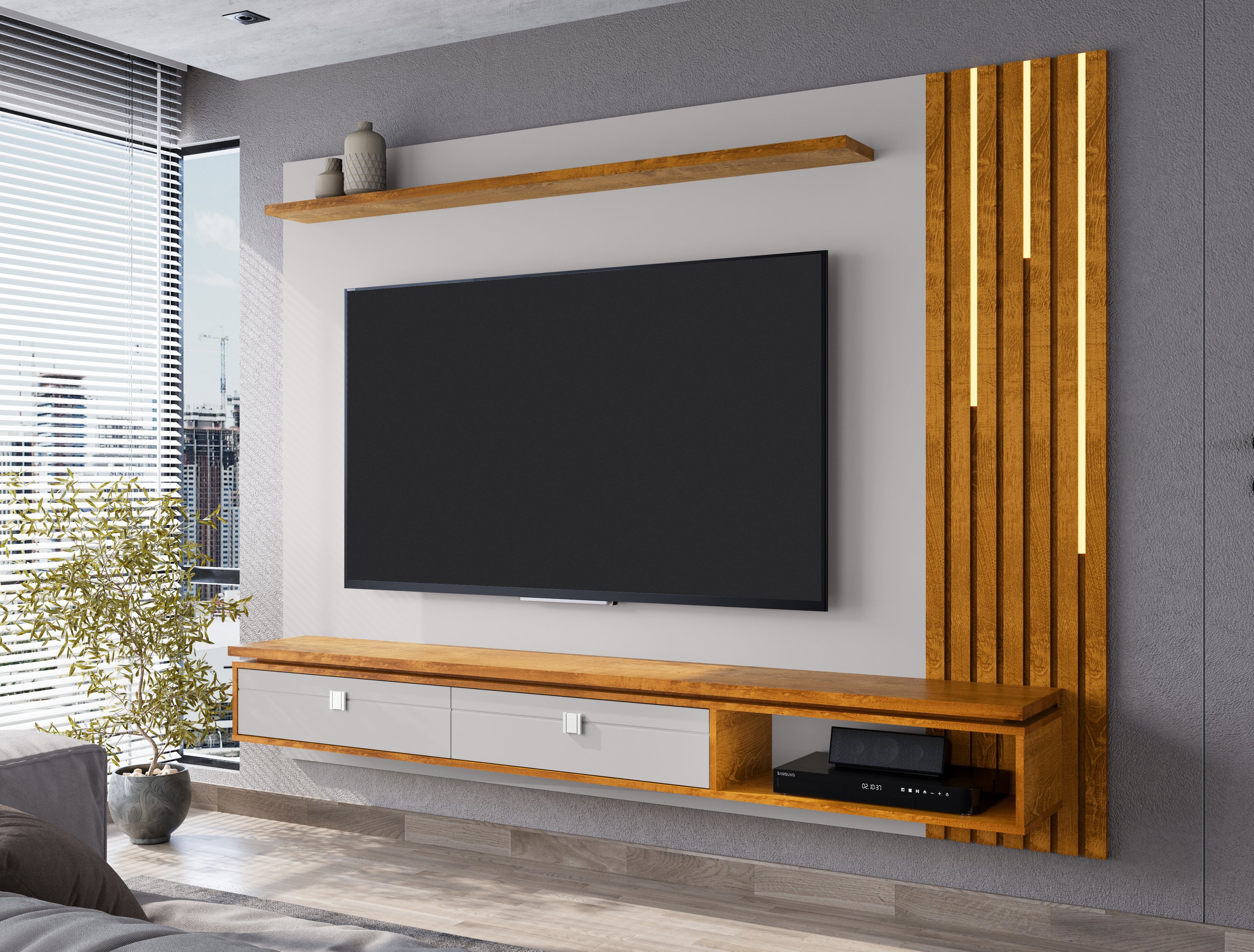 Painel Ripado Autêntico para TV até 80 Polegadas 2 Gavetas com Friso Decorativo Luminária LED Cascat - 1