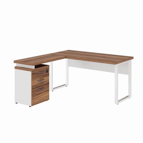 Mesa Escritório em “l” C/ Gaveteiro 1,50×1,50m Nogal Sevilha/branco - 34339