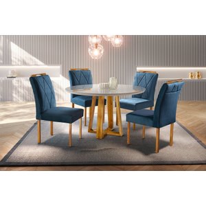 Conjunto Sala de Jantar 4 Lugares Mesa Redonda 1,2m e 4 Cadeiras Azul Turquesa Escuro