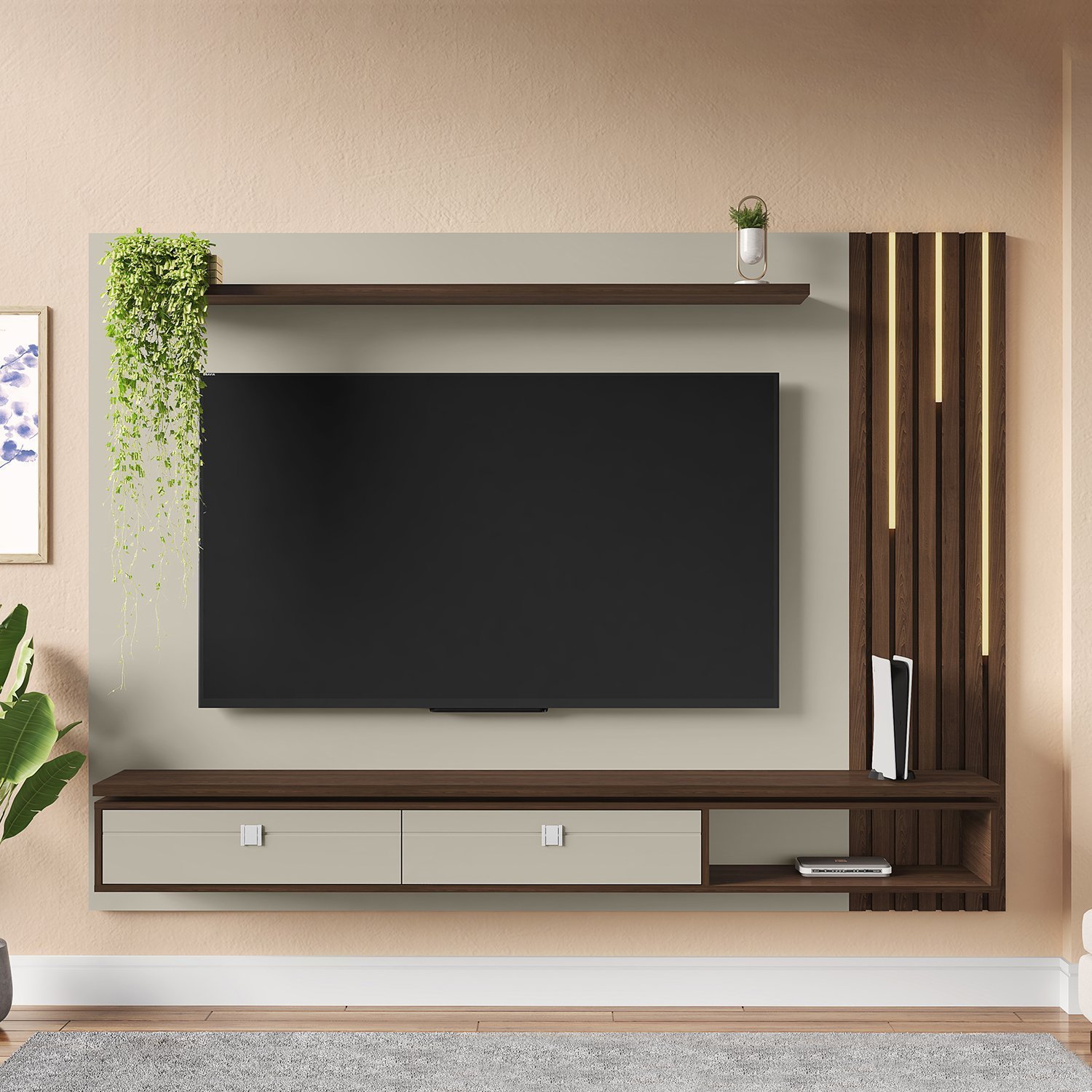 Painel Ripado Autêntico para TV até 80 Polegadas 2 Gavetas com Friso Decorativo Luminária LED Cascat - 1