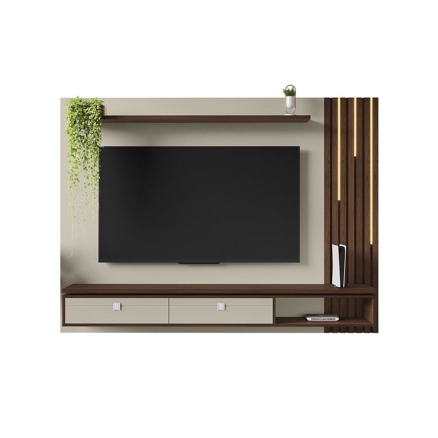 Painel Ripado Autêntico para TV até 80 Polegadas 2 Gavetas com Friso Decorativo Luminária LED Cascat - 3