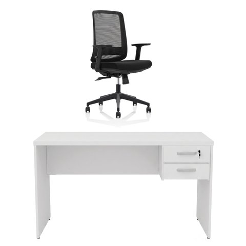 Kit Mesa de Escritório 140x60cm com Gaveta + Cadeira Netflex Ergonômica